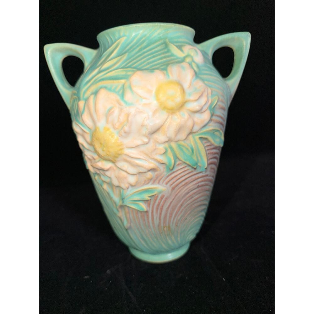 Roseville Peony  338 Double Handle Vase  8.5” Turquoise  c.1946